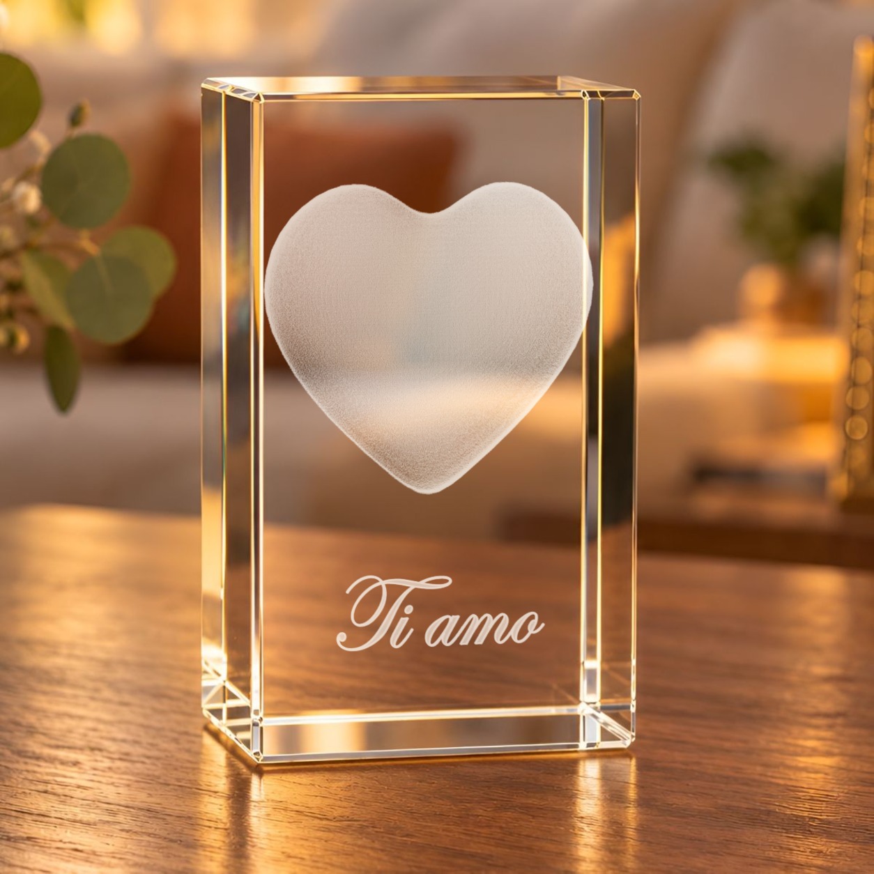 3D-Glaskristall Herz mit Gravur „Ti amo“ auf einem Holztisch im Wohnzimmer bei warmem Licht