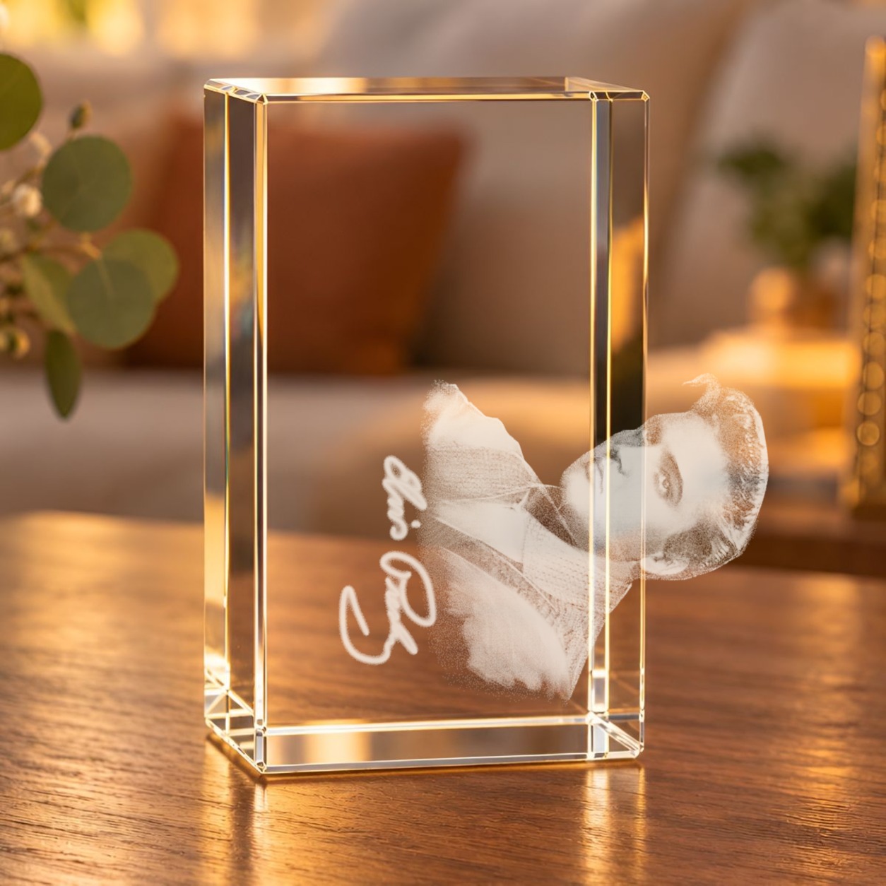Glaskristall Elvis Presley mit 3D-Gravur von Portrait und Autogramm auf einem Holztisch im Wohnraum