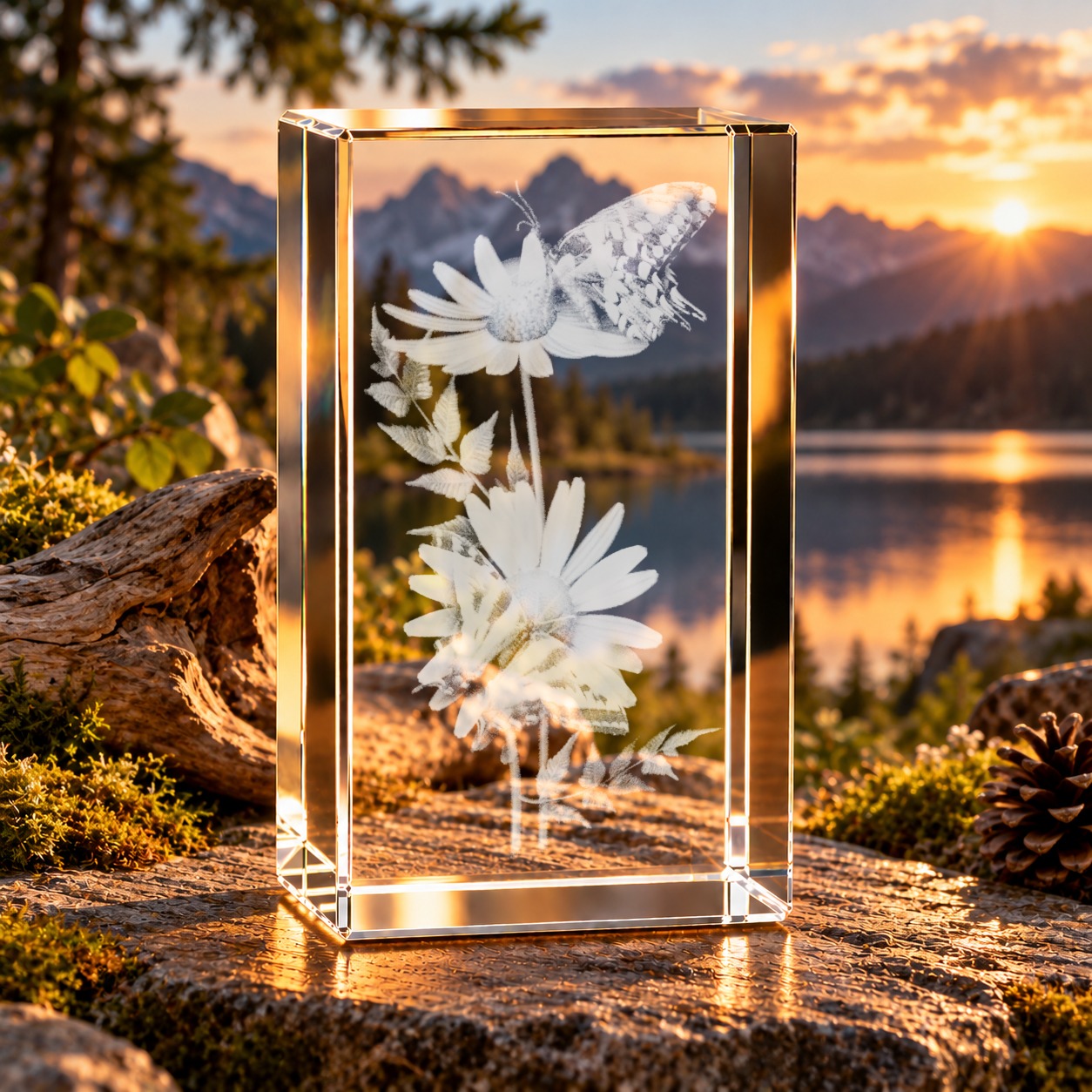 3D-Glaskristall Margeriten mit Schmetterling als Glasquader im Hochformat, auf einem Felsen im Abendlicht vor Bergsee