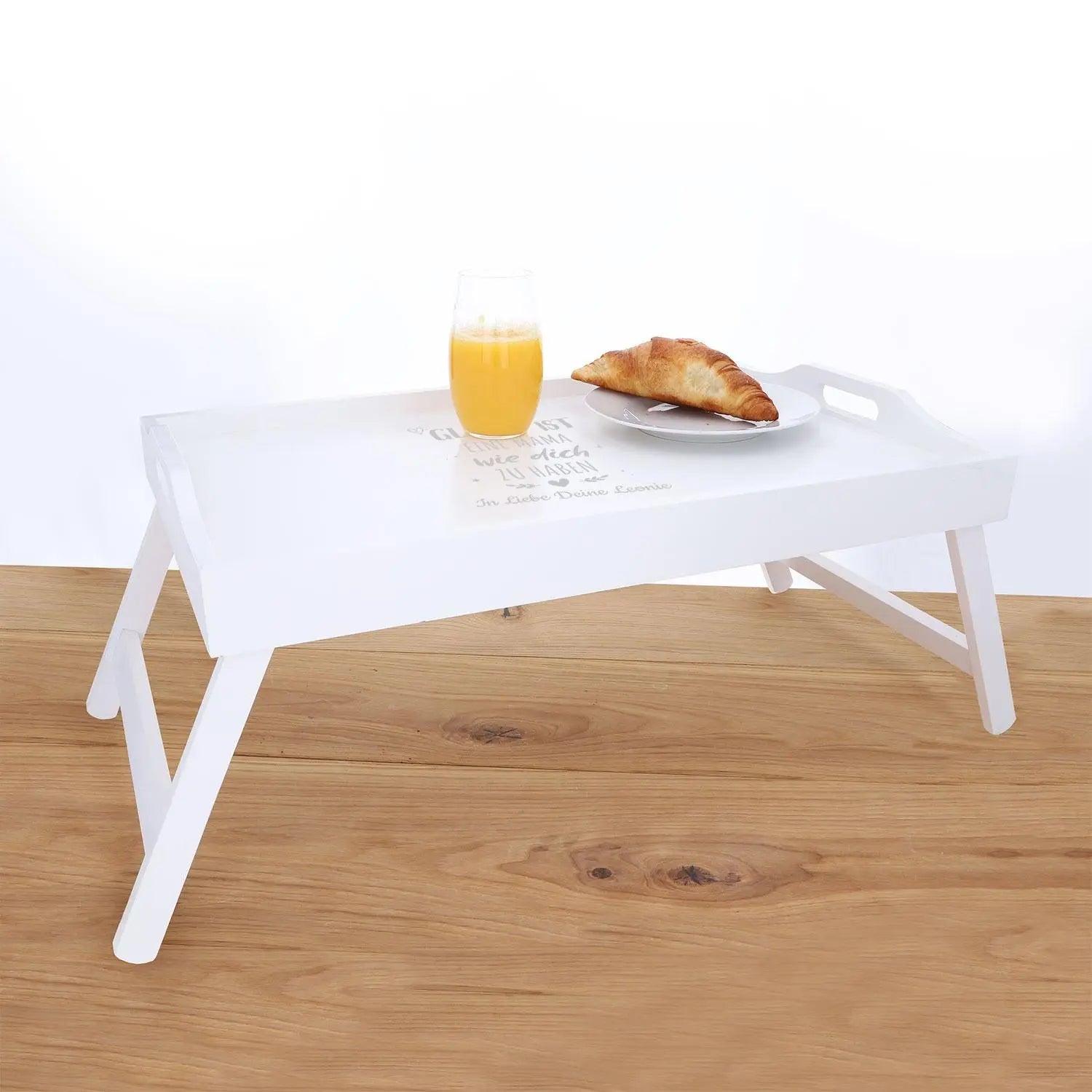 Betttisch aus Bambus in Weiß mit Gravur