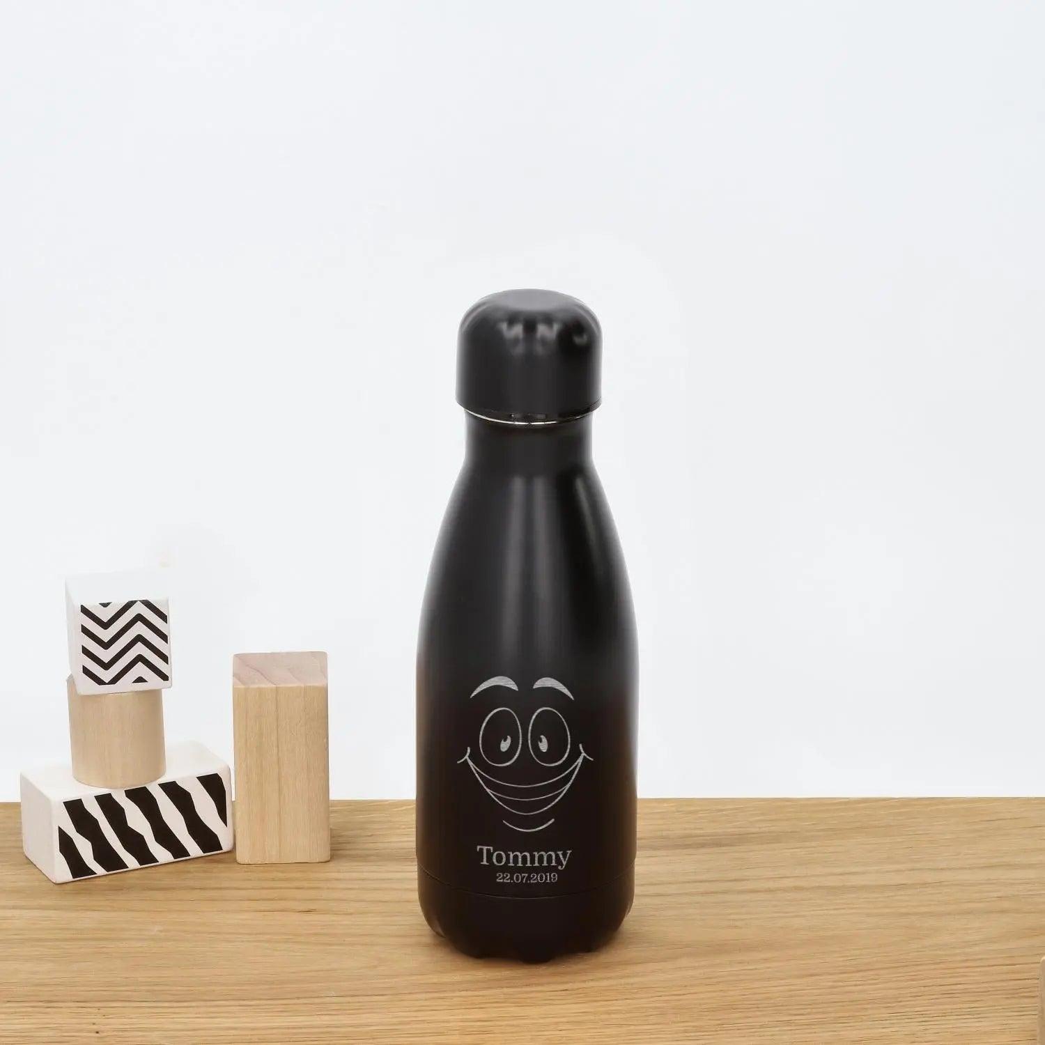 Trinkflasche für Kinder personalisiert aus Edelstahl in schwarz (260 ml)