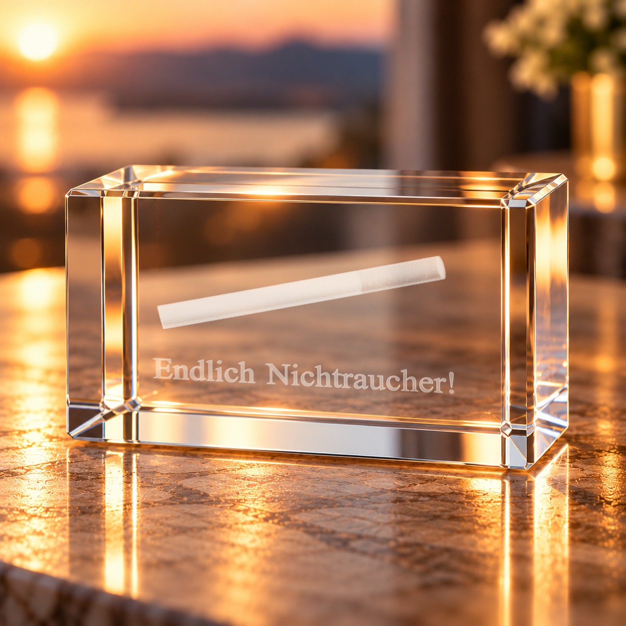 3D-Glaskristall Endlich Nichtraucher: Glasquader mit gravierter Zigarette und Schriftzug auf einer Steinablage im Wohnraum bei Abendlicht