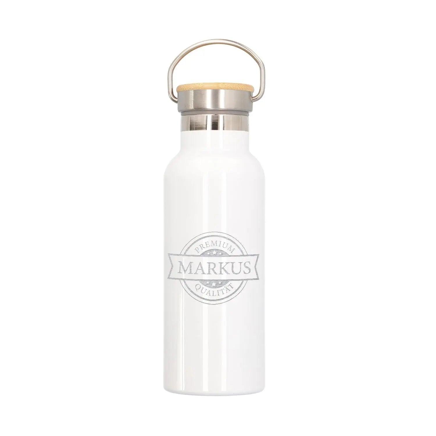 Trinkflasche personalisiert mit Bambus-Deckel in metallic weiß (500 ml)