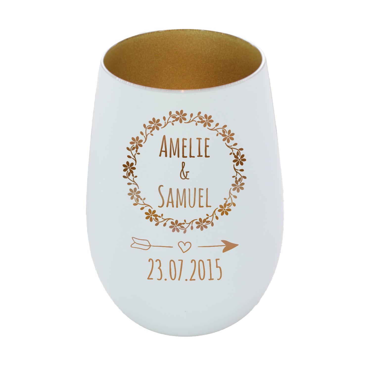Windlicht mit Gravur Weiß-Gold - personalisiertes Teelichtglas