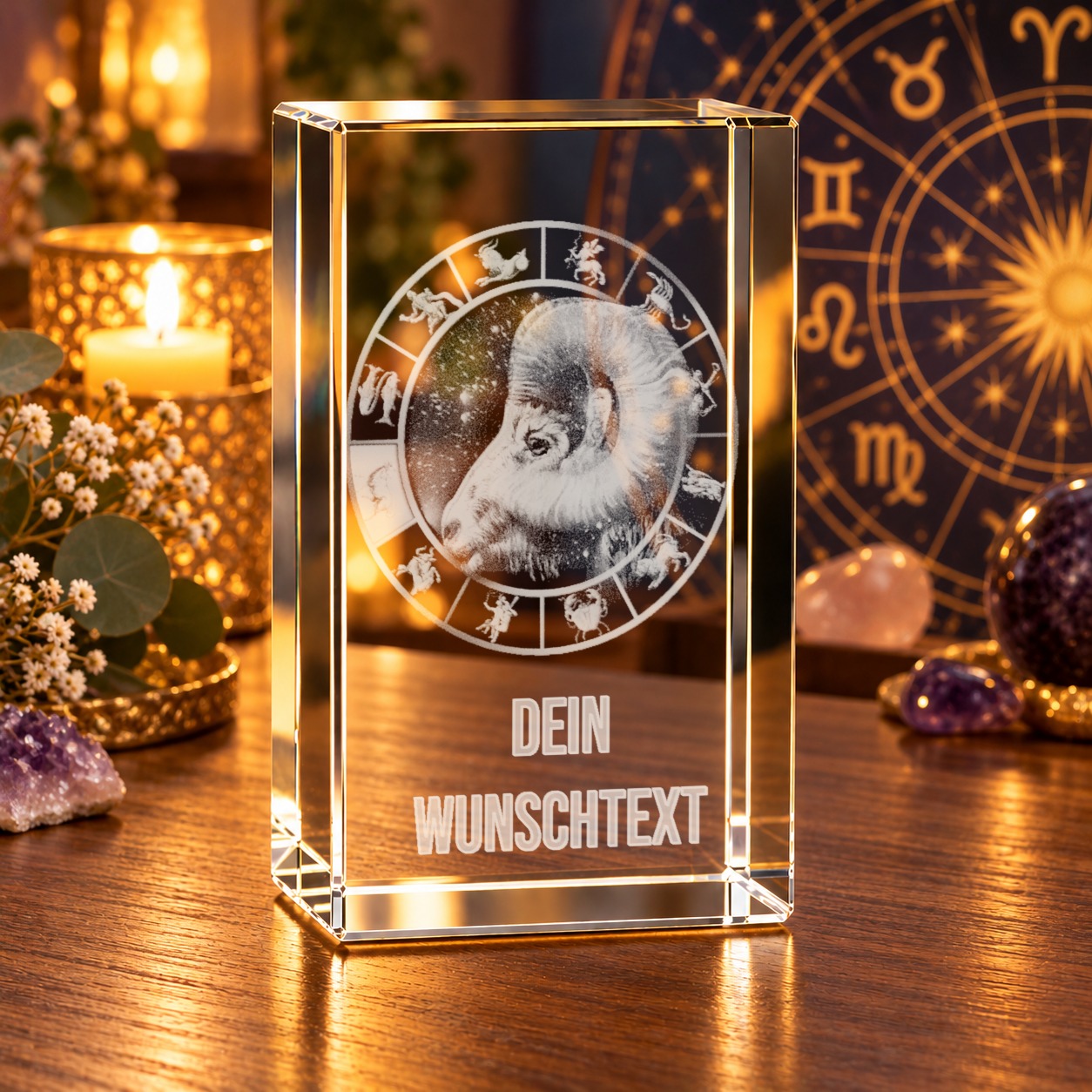 Glaskristall Sternzeichen Widder mit Wunschtext auf einem Holztisch im Kerzenlicht vor einem Tierkreis-Hintergrund