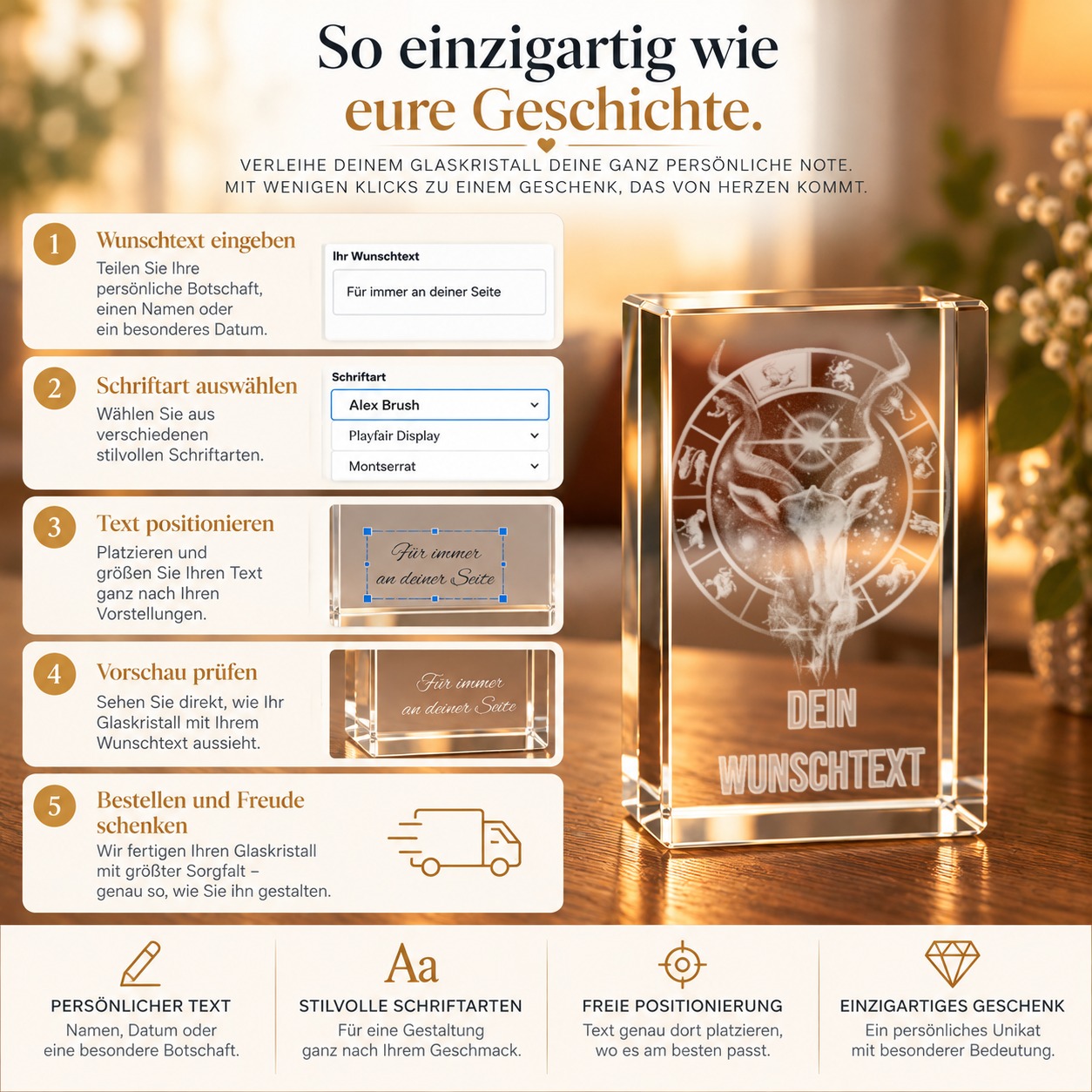 3D Glasquader Motiv: Sternzeichen Steinbock + Wunschtext – Personalisierung