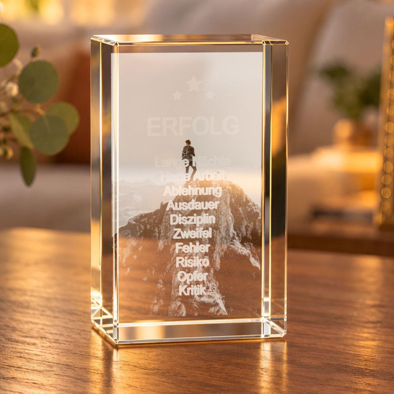 Glaskristall Weg zum Erfolg mit Gipfelmotiv und Schriftzug „Erfolg“ auf einem Holztisch im Wohnraum