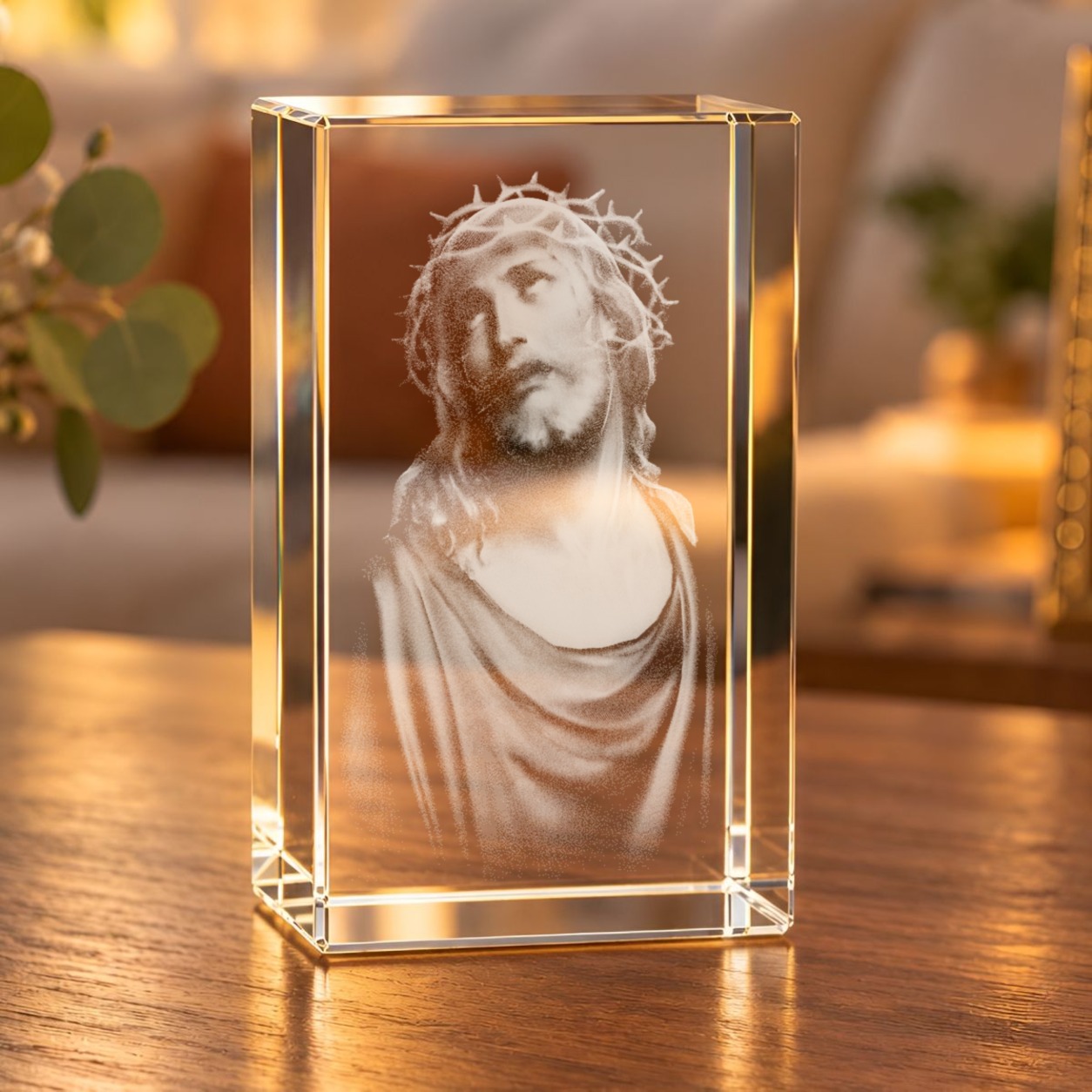 3D-Glaskristall Jesus Portrait mit Dornenkrone als Laserinnengravur, aufgestellt auf einem Holztisch im Wohnzimmer bei warmem Licht