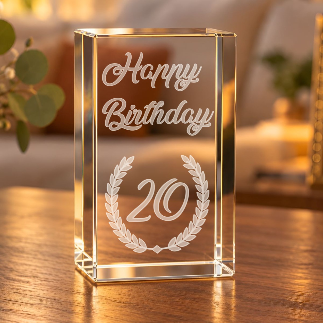 Glaskristall Geburtstag mit Schriftzug „Happy Birthday“, Lorbeerkranz und Zahl 20 auf einem Holztisch im Wohnraum