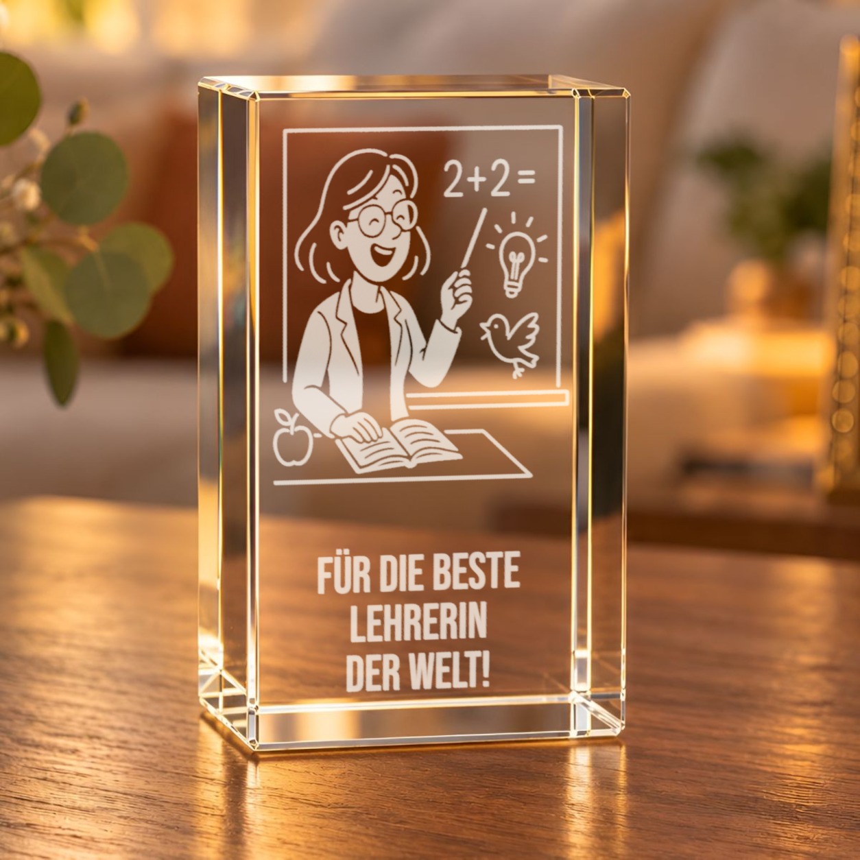 3D-Glaskristall Lehrerin an der Tafel mit Gravur „Für die beste Lehrerin der Welt!“ auf einem Holztisch im Wohnraum