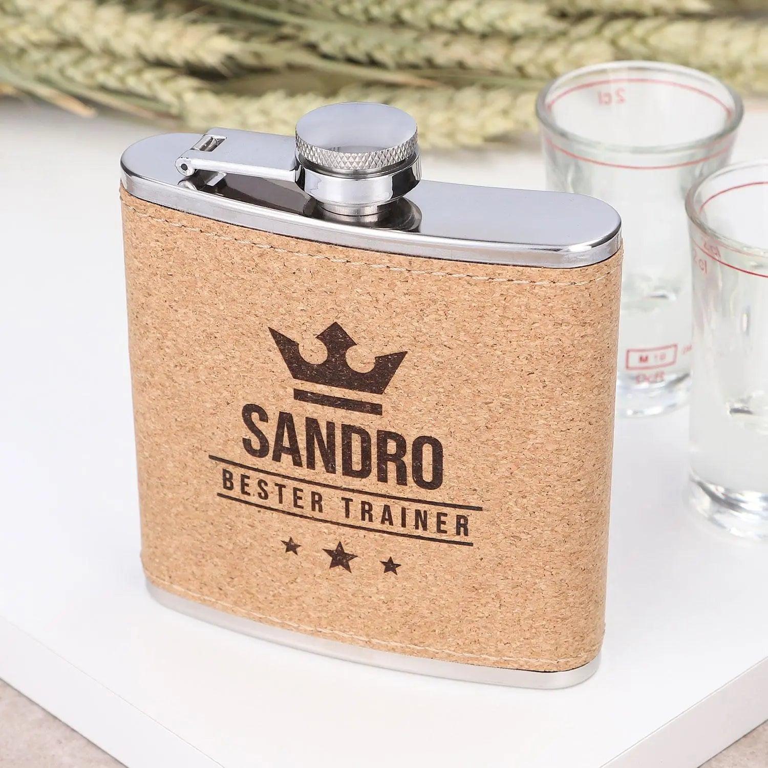 Flachmann aus Edelstahl mit Kork und Gravur 175 ml - personalisiertes Geschenk für Outdoor und Genießer
