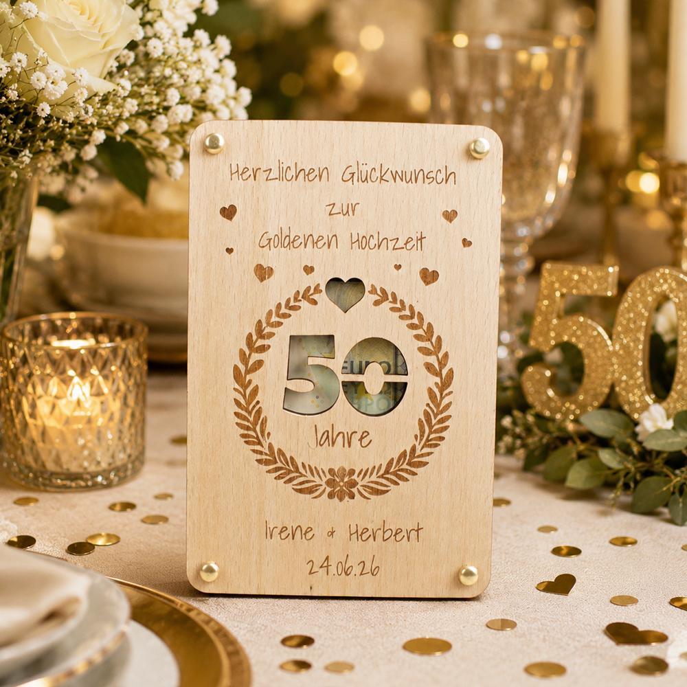 Geldgeschenk zur Goldenen Hochzeit aus Holz - Personalisierte Geschenkverpackung zum 50. Hochzeitstag mit Namen & Datum