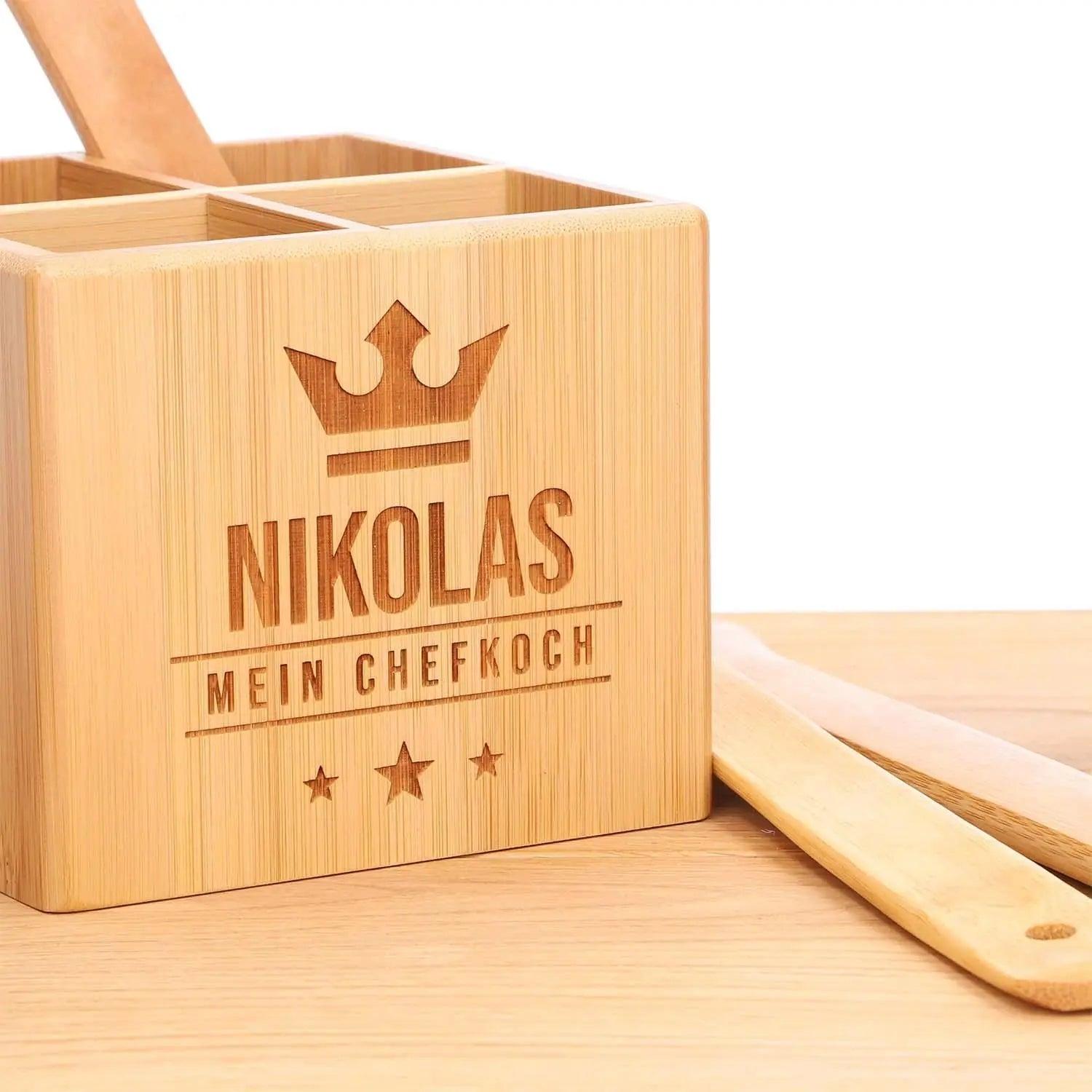 Kochlöffel-Set mit Aufbewahrungsbox und Gravur aus Bambus