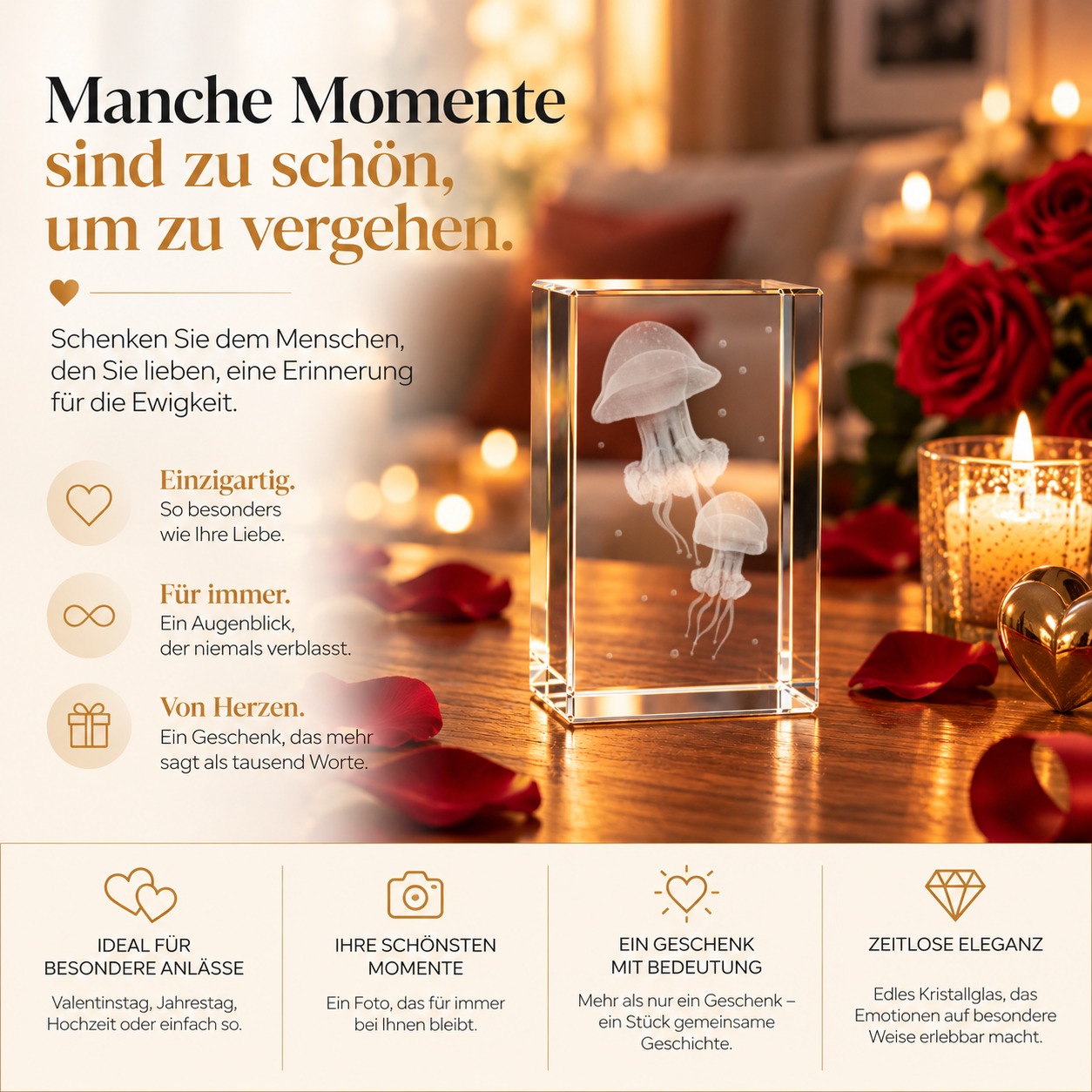 Glaskristall Quallen als Geschenk für Meeresliebhaber, klares Glas mit weißem Quallenmotiv