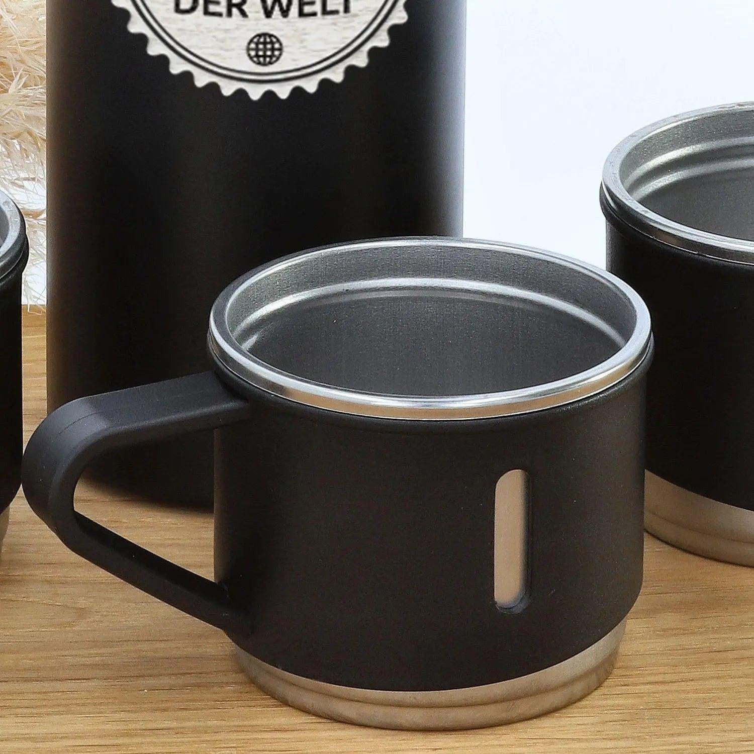 Isolierflasche personalisiert mit drei Bechern aus Edelstahl in schwarz (420 ml)