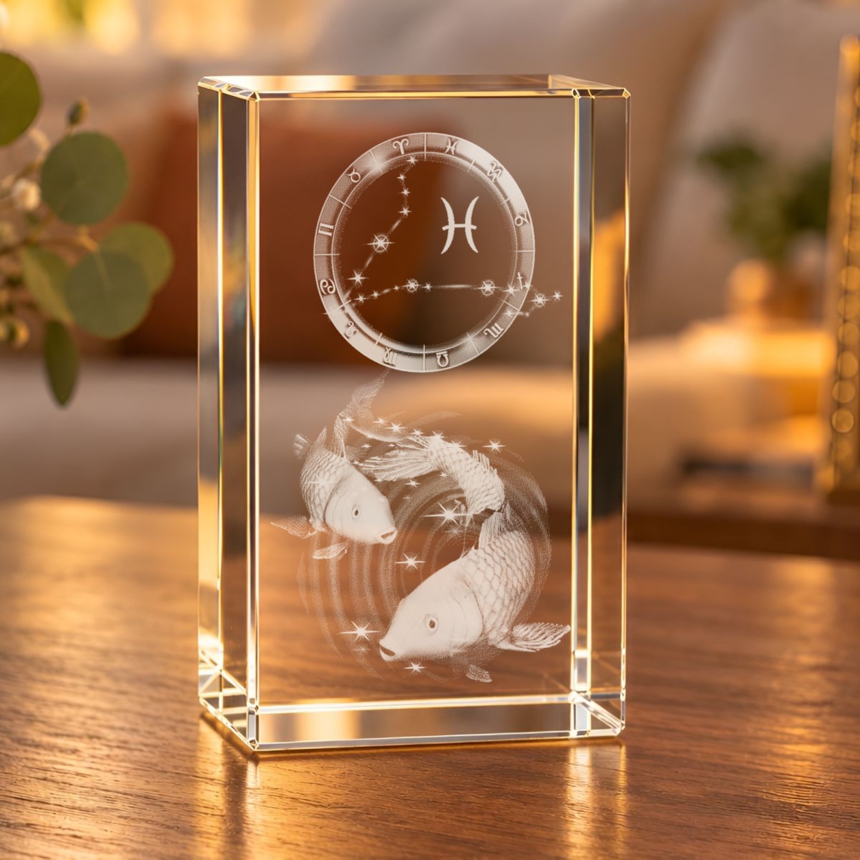 Glaskristall Sternzeichen Fische mit 3D-Laserinnengravur aus zwei Fischen und Tierkreisring, auf einem Holztisch im Wohnraum