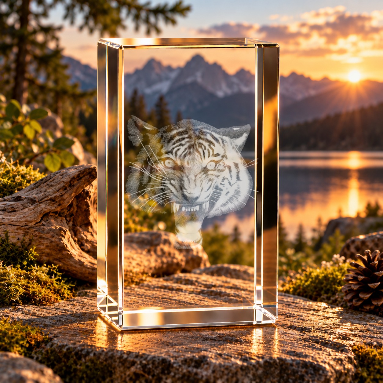 3D-Glaskristall Tiger mit Laser-Innengravur eines brüllenden Tigerkopfes, aufgestellt auf einem Felsen vor Bergsee und Sonnenuntergang