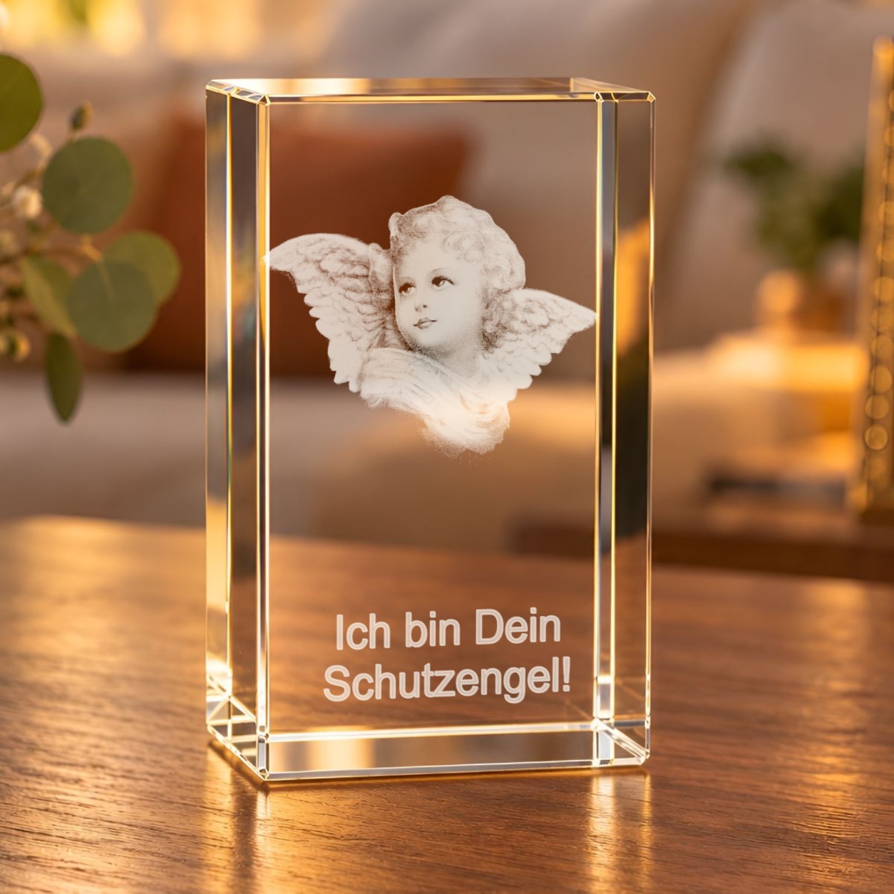 Glaskristall Schutzengel mit 3D-Innengravur eines Engels auf einem Holztisch im Wohnraum