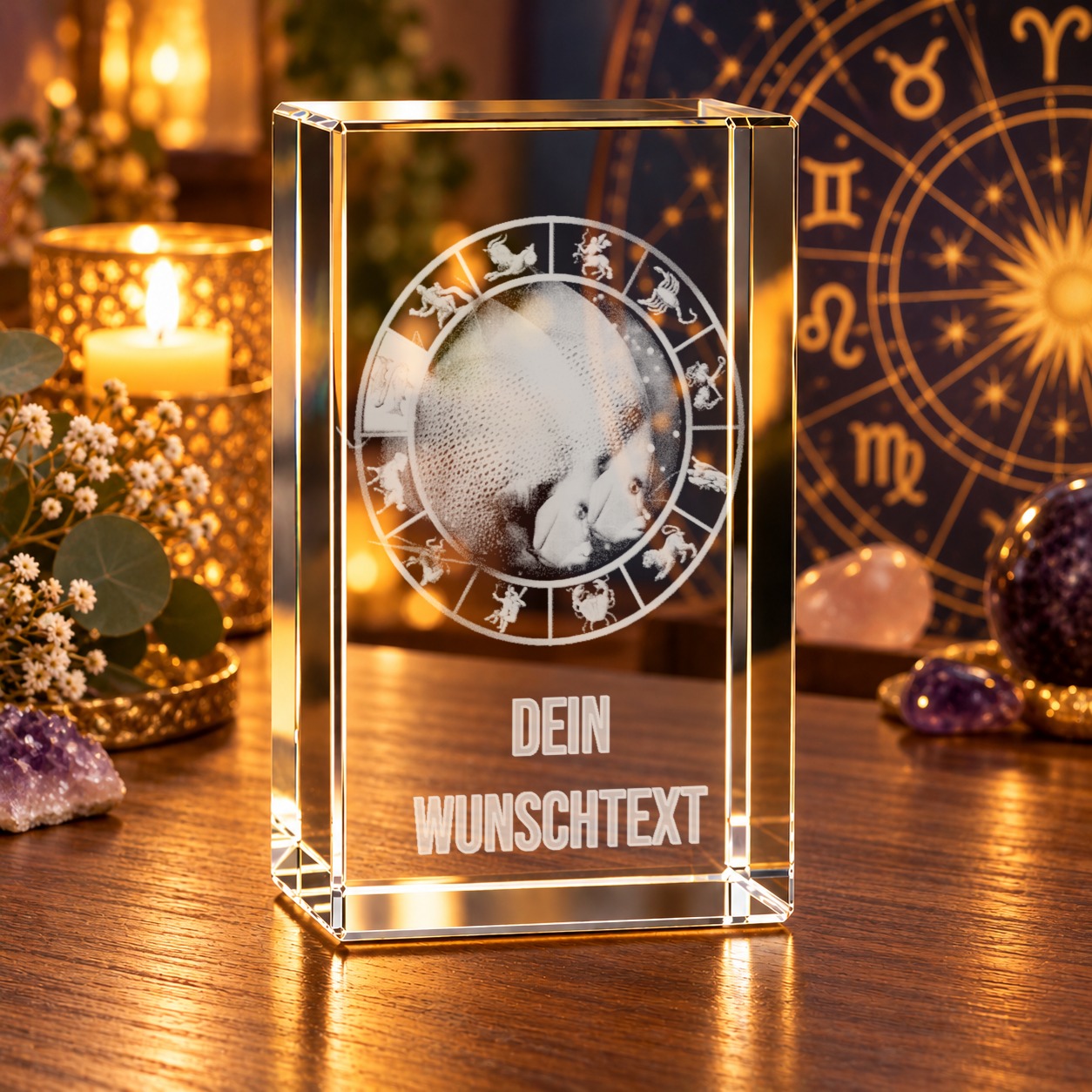 Glaskristall Sternzeichen Fische mit Wunschtext auf einem Holztisch, umgeben von Kerzen, Amethysten und Blumen