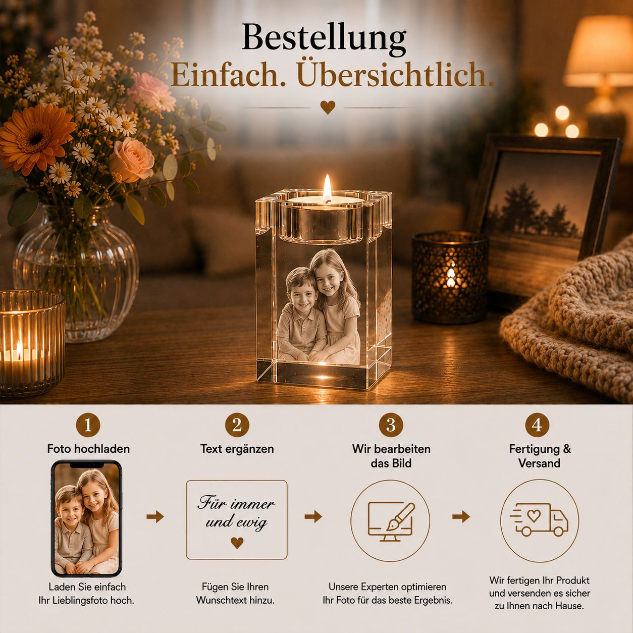 3D Glasfoto Teelicht mit Foto-Gravur