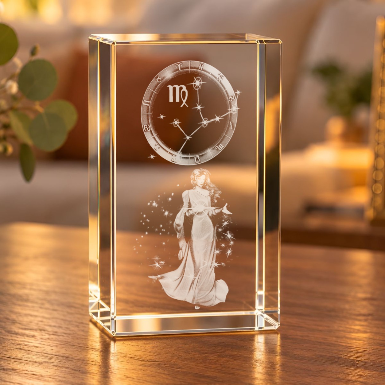 Glaskristall Sternzeichen Jungfrau mit 3D-Laserinnengravur auf einem Holztisch im Wohnzimmer bei warmem Licht