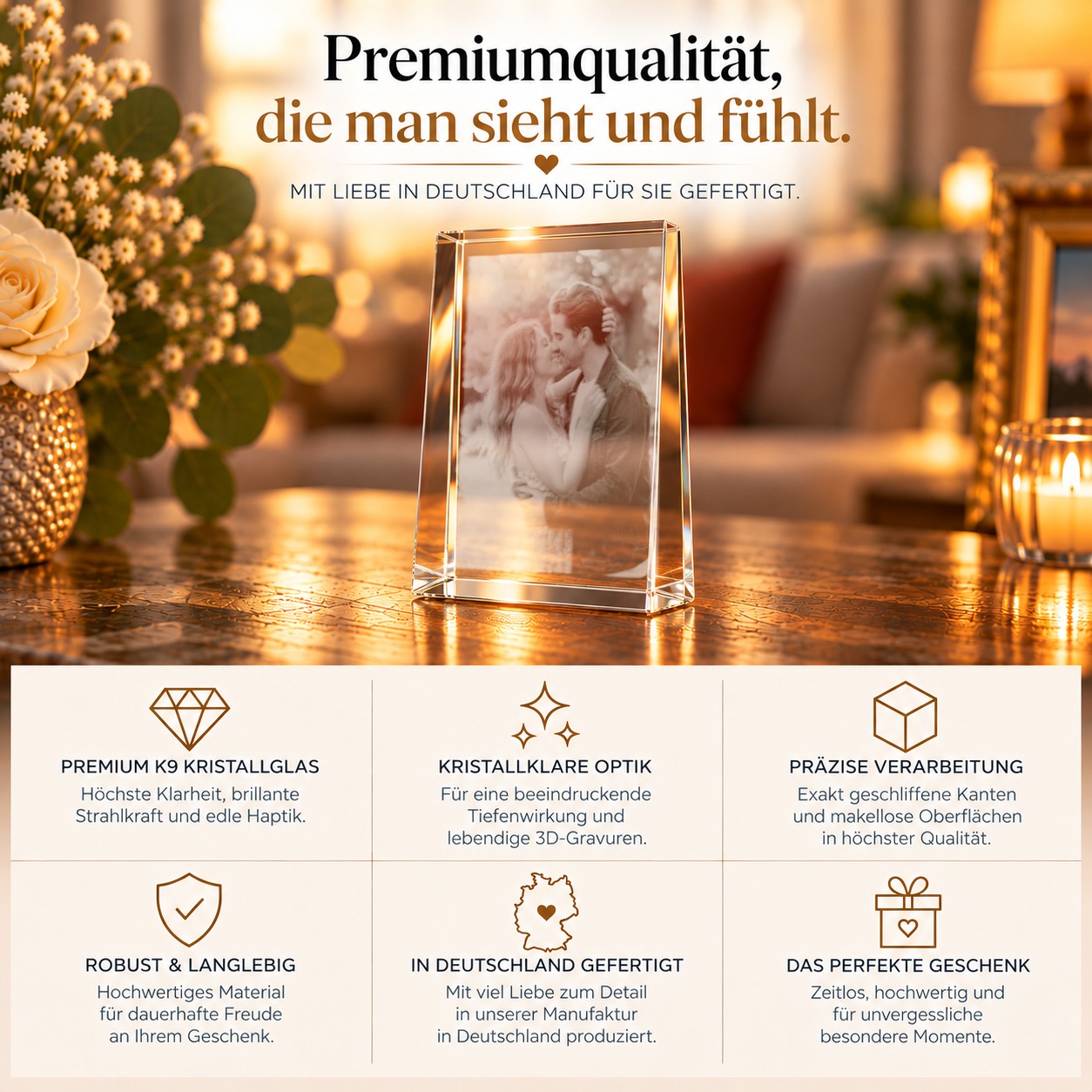 Personalisierter Glaskristall Fotoframe mit eigenem Foto und Wunschtext als Geschenk