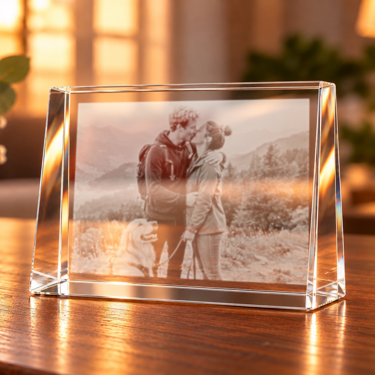 Glaskristall mit Foto im Wohnraum: Paar-Foto mit Hund per Laser ins Glas graviert, auf einem Holztisch im warmen Licht