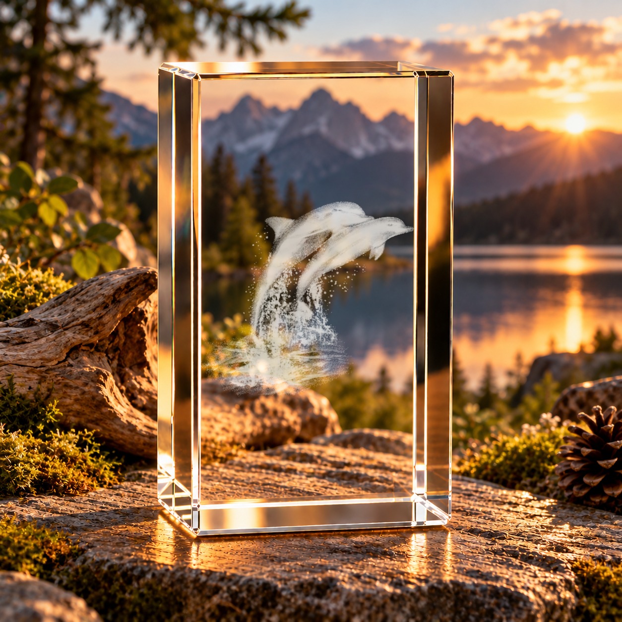 3D-Glaskristall Delfine: Glasquader mit gravierten, springenden Delfinen auf einem Stein im Abendlicht vor Bergsee