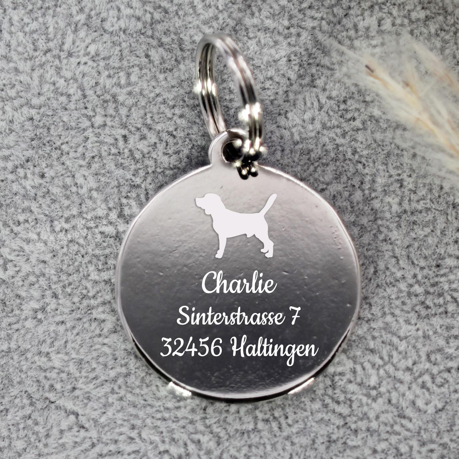 Hundemarke rund mit Gravur in Blau - personalisierte Tiermarke