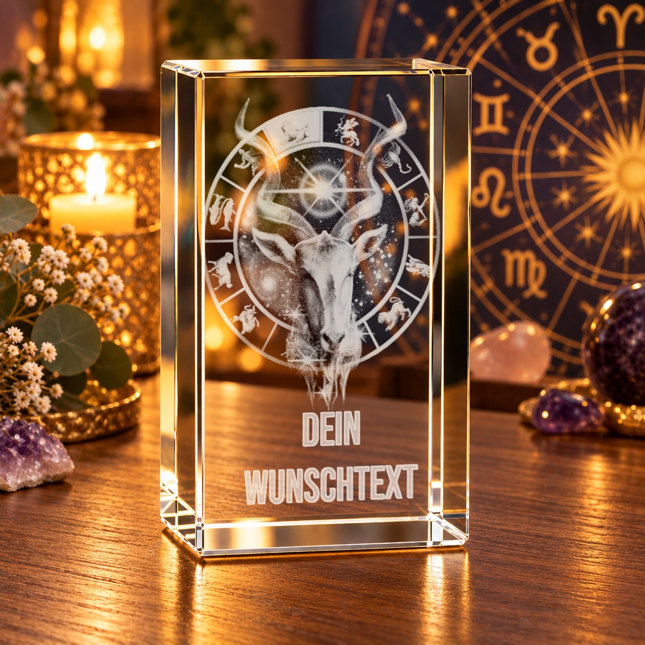 3D-Glaskristall Sternzeichen Steinbock mit Wunschtext auf einem Holztisch im Wohnraum, warm beleuchtet, mit Kerze und Amethyst im Hintergrund