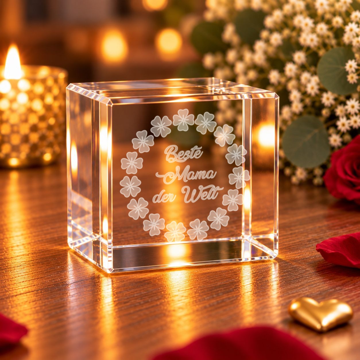 Glaskristall Kleeblatt mit Gravur „Beste Mama der Welt“ im Kerzenlicht auf einem Holztisch, daneben Schleierkraut und rote Rosen