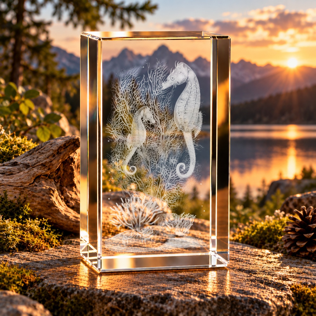 3D-Glaskristall Seepferdchen mit zwei gravierten Seepferdchen und Korallen, aufgestellt auf einem Felsen vor Bergsee im Abendlicht