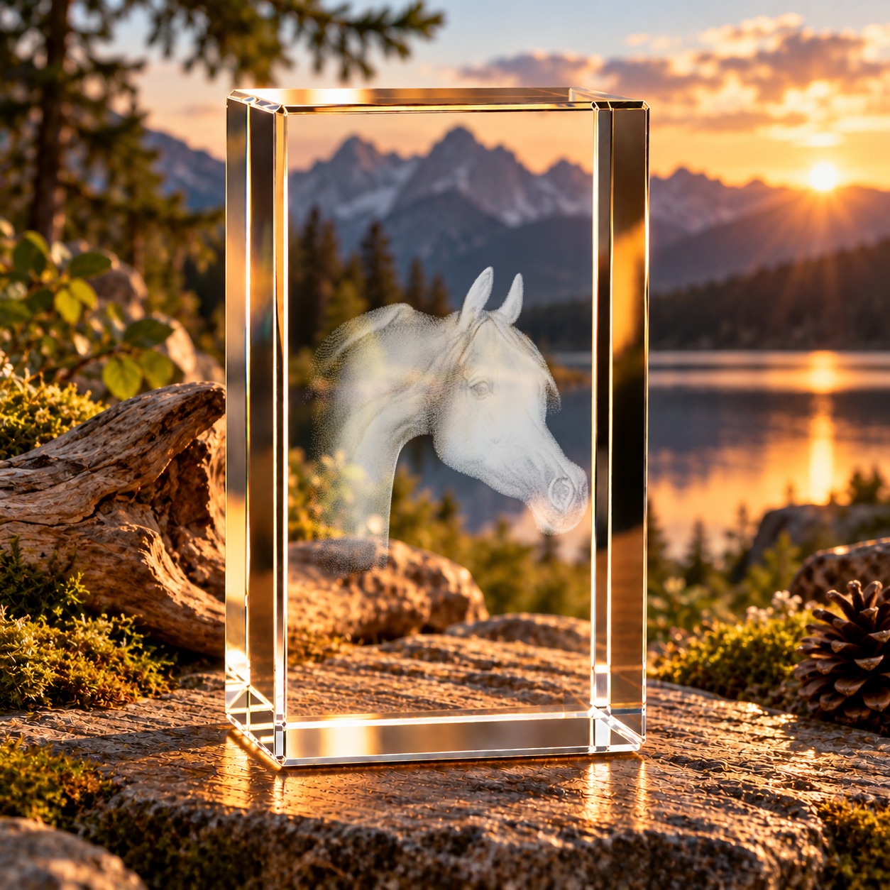 Glaskristall Pferdekopf mit 3D-Innengravur, aufgestellt auf einem Felsen vor Bergsee und Sonnenuntergang