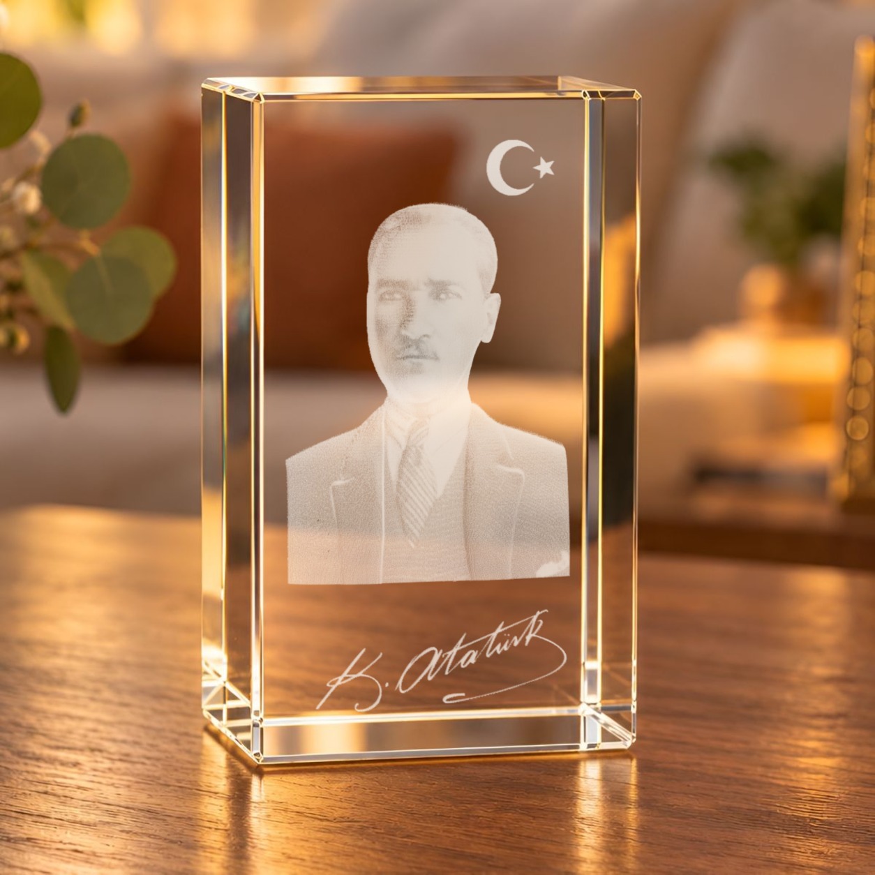 Glaskristall Atatürk mit 3D-Innengravur aus Porträt, Halbmond mit Stern und Unterschrift auf einem Holztisch im Wohnzimmer