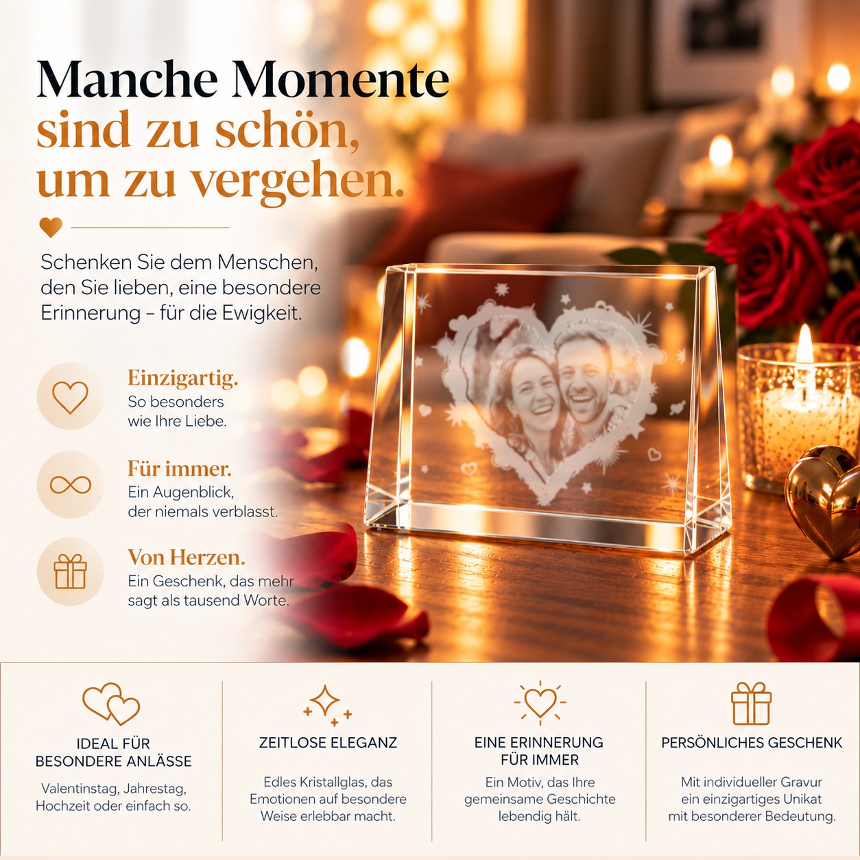 3D-Glaskristall Herz mit Foto-Gravur