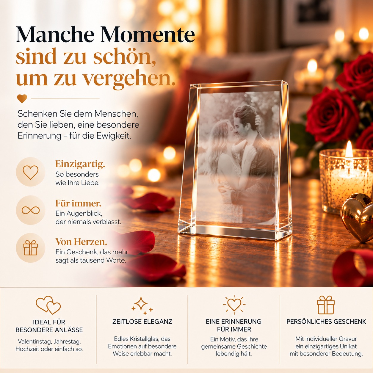 Glaskristall Fotoframe mit Foto-Gravur im Hochformat, Nahaufnahme der Innengravur und der geschliffenen Kanten