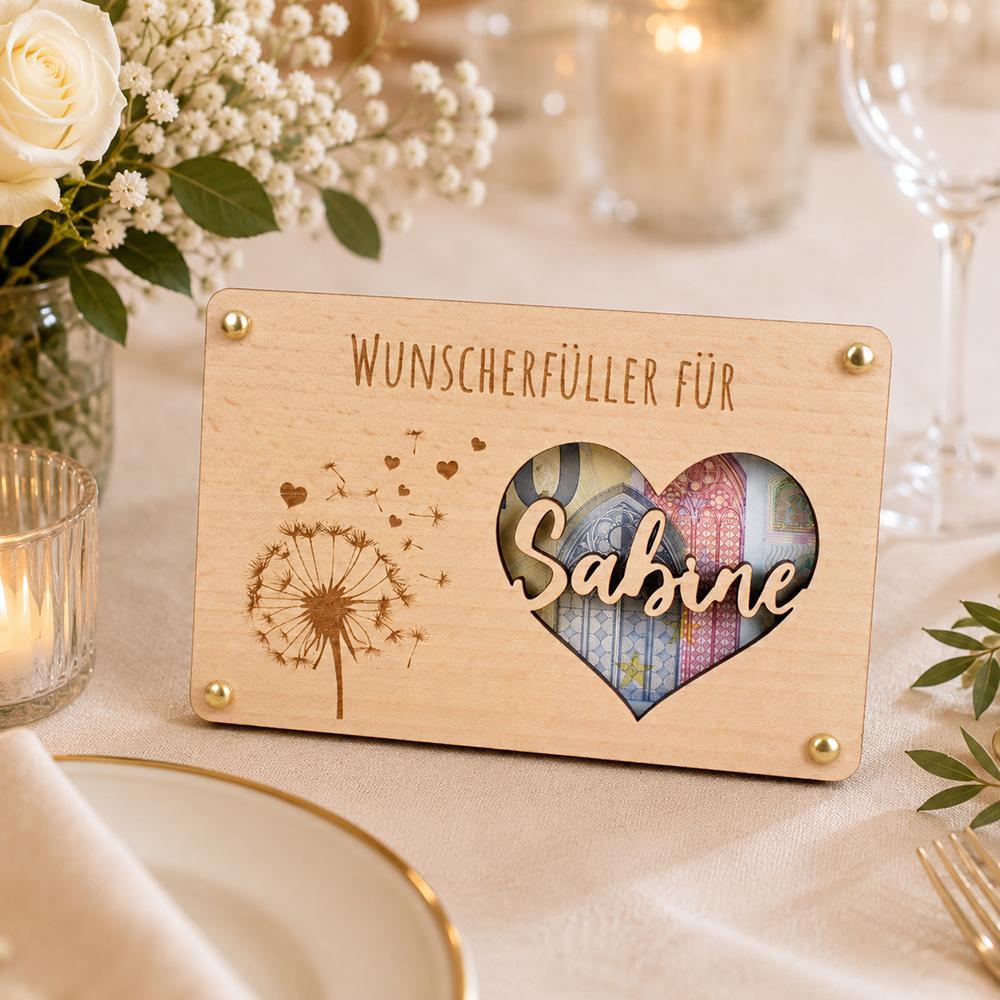 Wunscherfueller aus Holz mit Name im Herz - Originelle Verpackung fuer Geldgeschenke