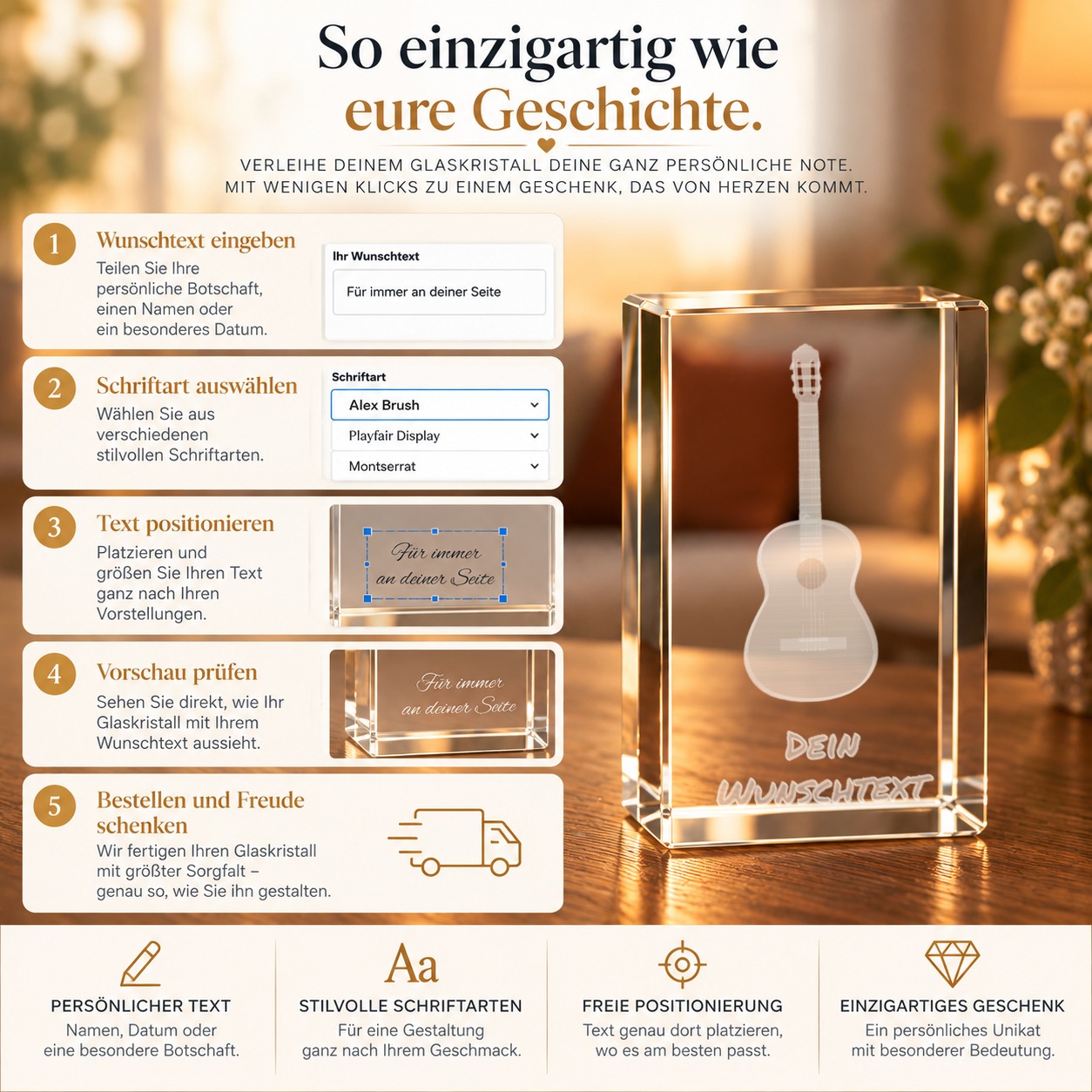 3D Glasquader | Gitarre No. 5 mit Wunschnamen | Geschenk für Gitarrist | Musiker | Bandmitglied | Akustikitarre | Konzertgitarre – Personalisierung