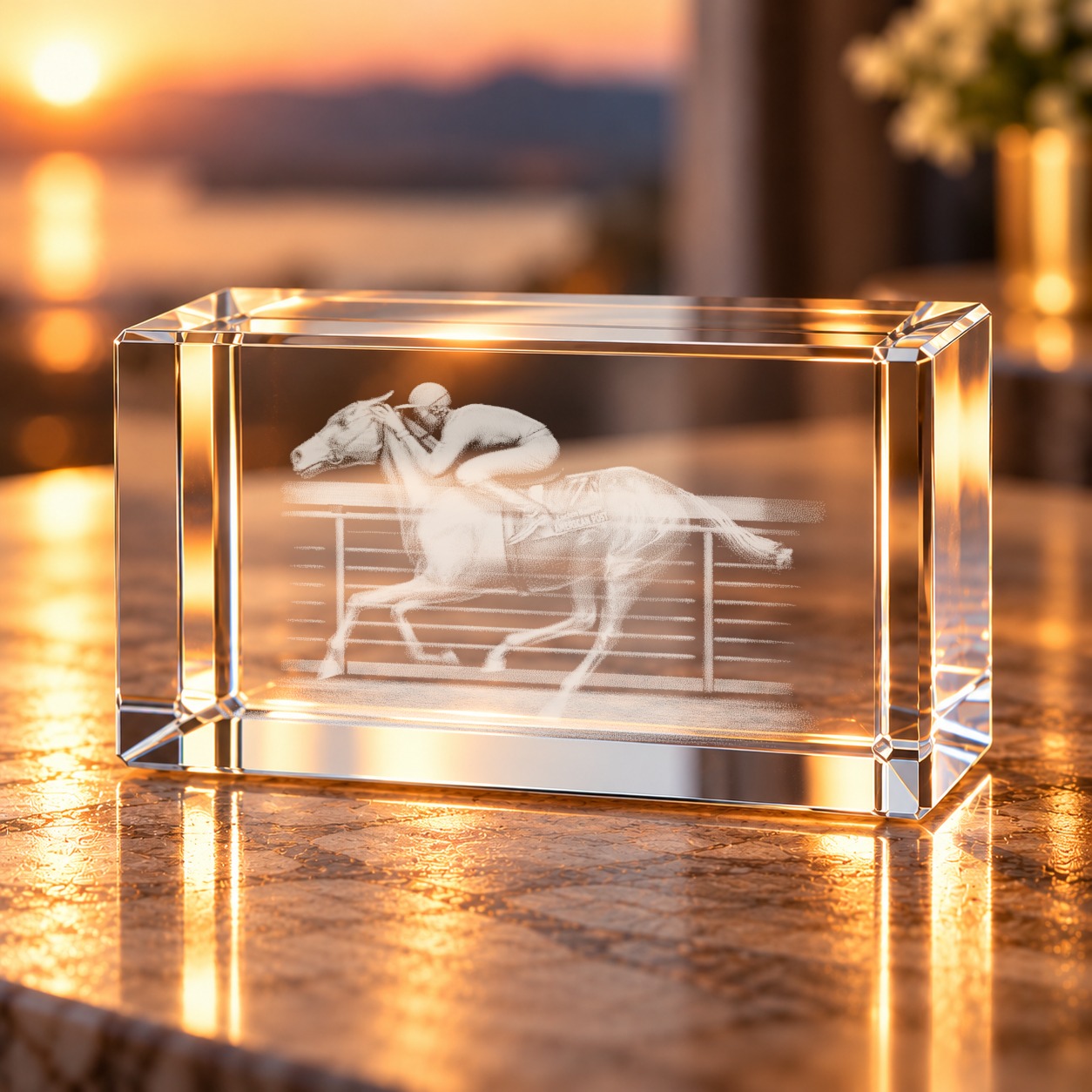 3D-Glaskristall Pferderennen mit Jockey im Galopp als Laserinnengravur, auf einem Tisch im Wohnraum bei Abendlicht