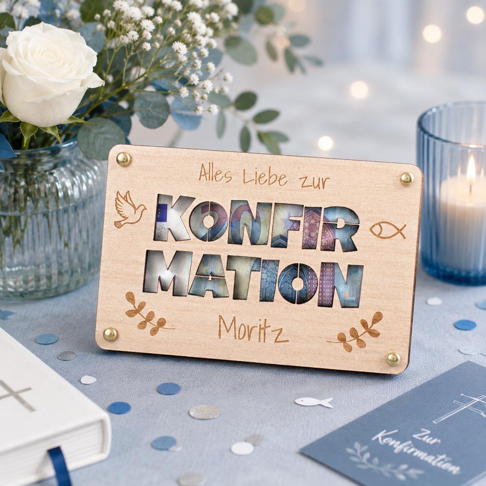 Geldgeschenk Konfirmation aus Holz mit Namen - Hochwertige Geschenkverpackung fuer Geldgeschenke