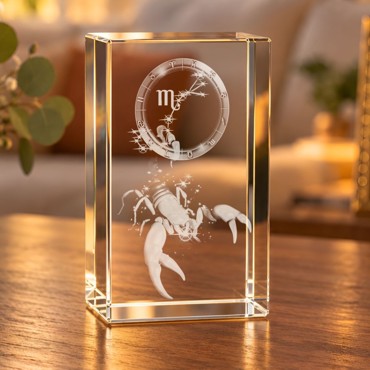3D-Glaskristall Skorpion mit Tierkreis-Ring und Sternbild, Laserinnengravur im Glasquader auf einem Holztisch im Wohnzimmer