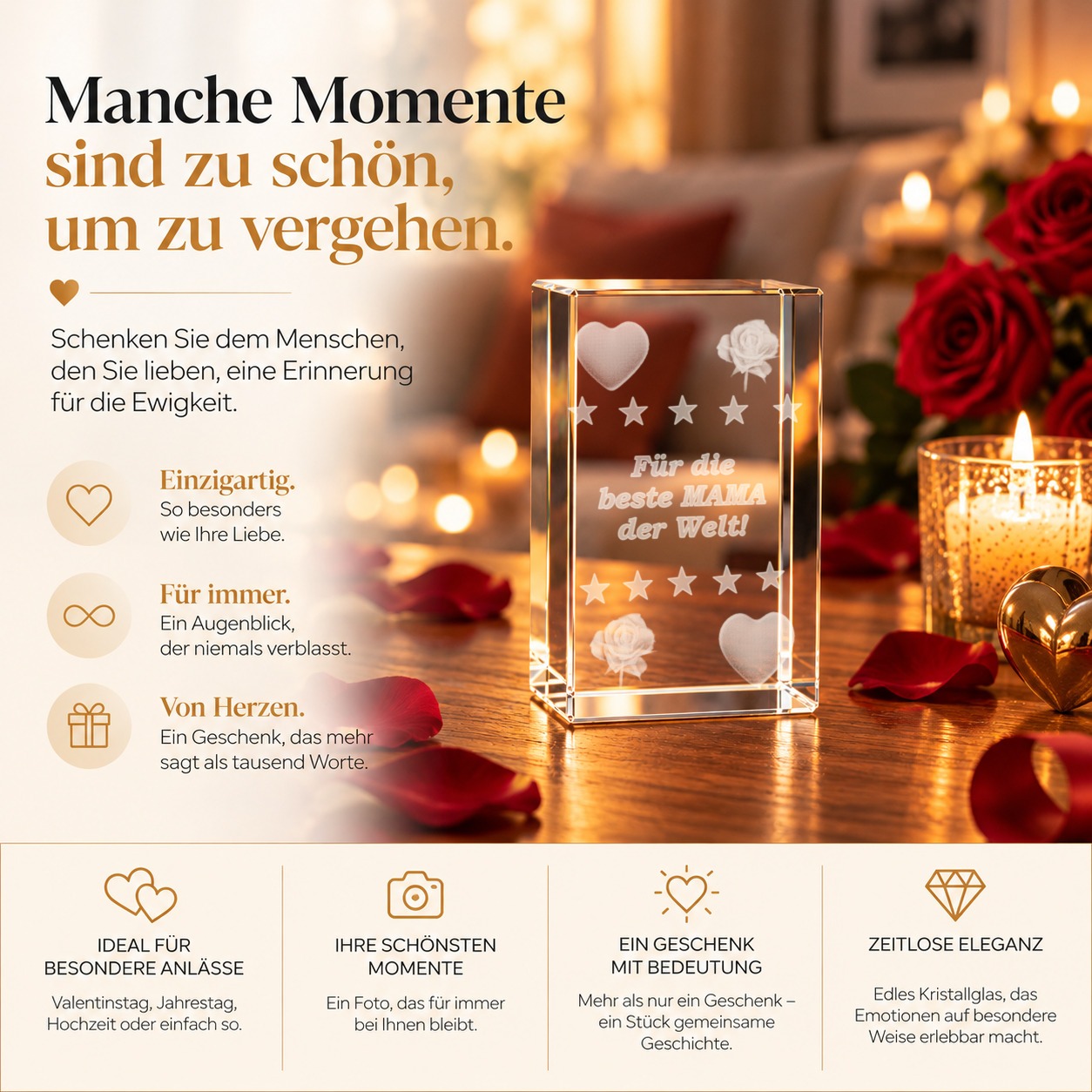 Detailansicht der 3D-Laser-Innengravur im Glaskristall für Mama mit Rose, Herz und Schriftzug „Für die beste MAMA der Welt!“