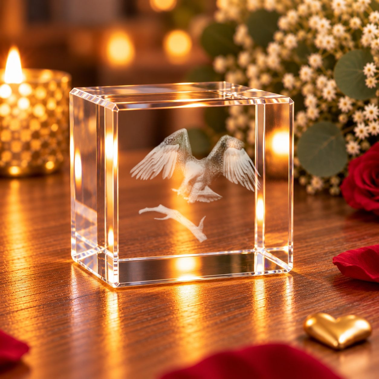 Glaskristall Adler: Glaswürfel mit 3D-Innengravur eines landenden Adlers auf einem Ast, im Wohnraum auf einem Holztisch neben Kerzenlicht und Blumen