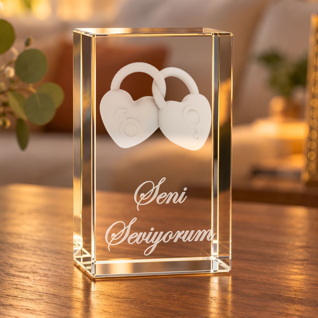 Glaskristall Liebesschlösser mit Gravur „Seni Seviyorum“ auf einem Holztisch im Wohnzimmer