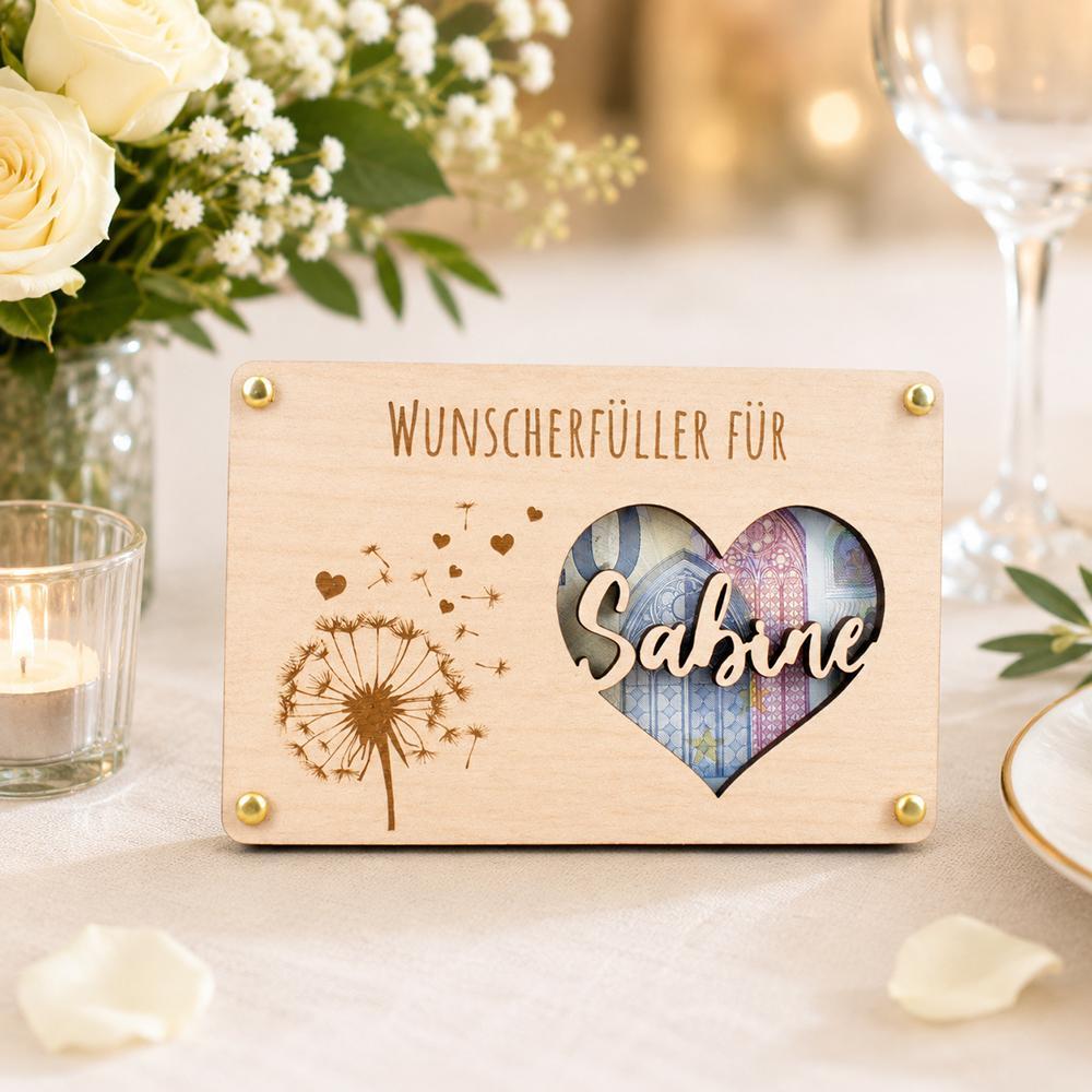 Wunscherfueller aus Holz mit Name im Herz - Originelle Verpackung fuer Geldgeschenke