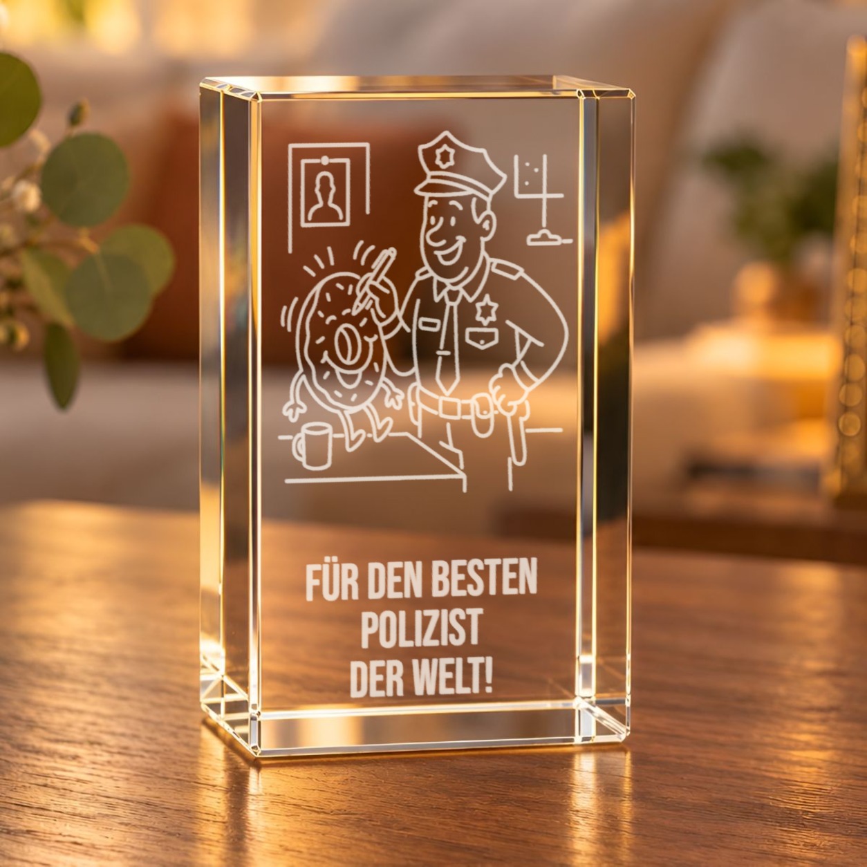Glaskristall Polizist mit Donut: 3D-Laserinnengravur mit Cartoon-Polizist und Schriftzug auf einem Holztisch im Wohnraum