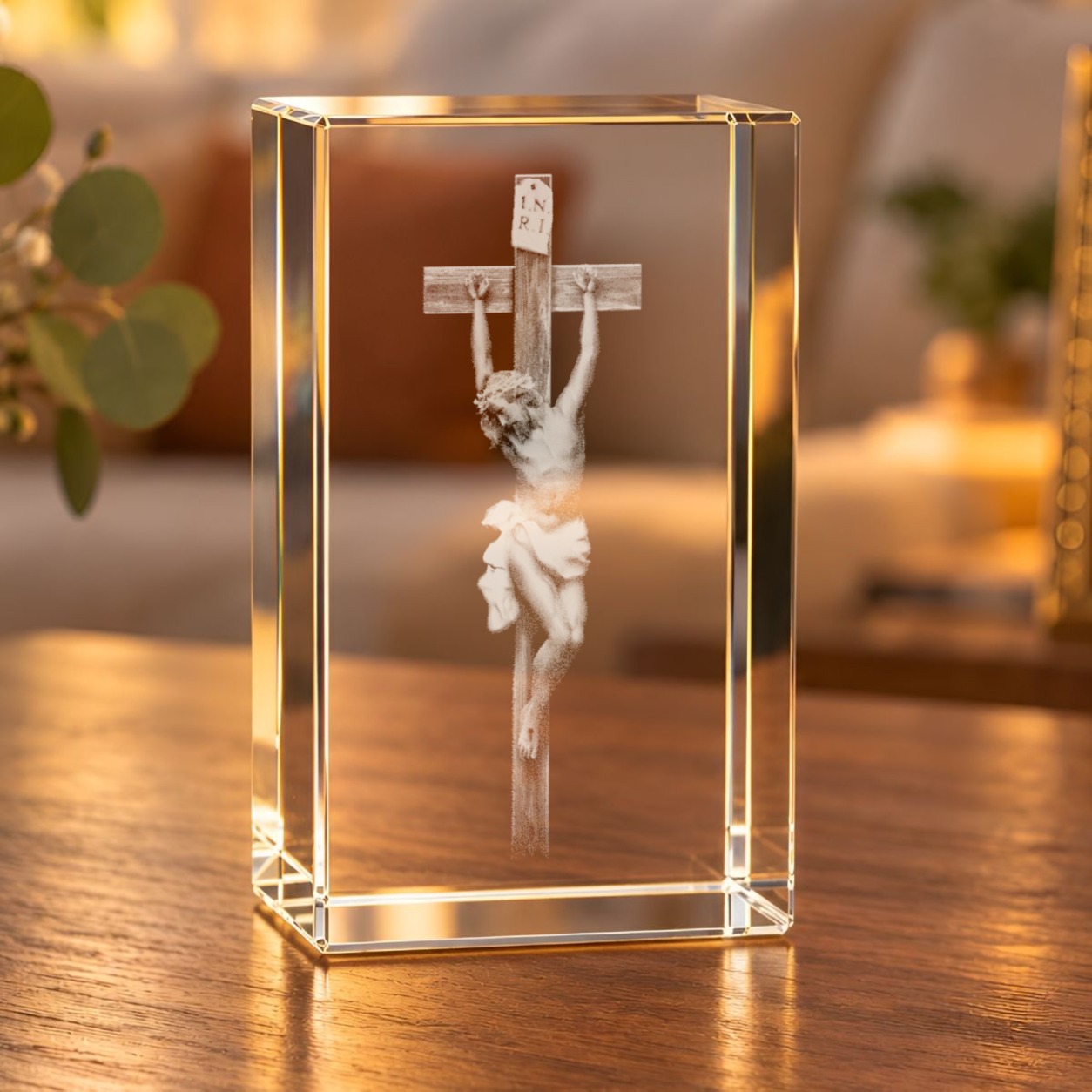 Glaskristall Jesus am Kreuz mit 3D-Laserinnengravur auf einem Holztisch im Wohnraum