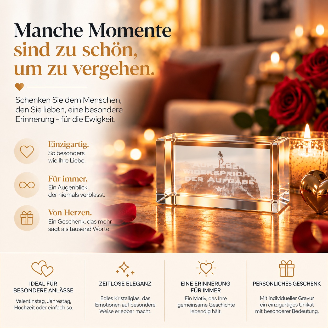 Glasquader mit Motivationsspruch und Laserinnengravur, Seitenansicht des massiven Kristallglases mit geschliffenen Kanten