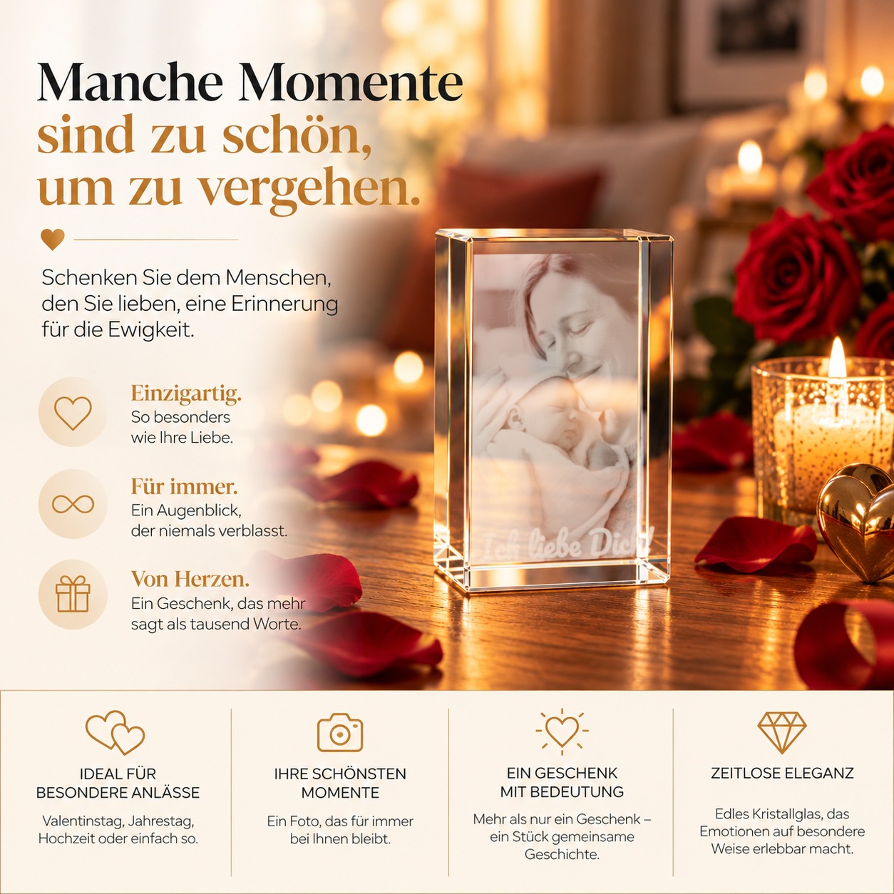 Personalisiertes Fotogeschenk aus Glas: Glaskristall mit Foto und Wunschtext als Geschenk zur Geburt oder zum Muttertag