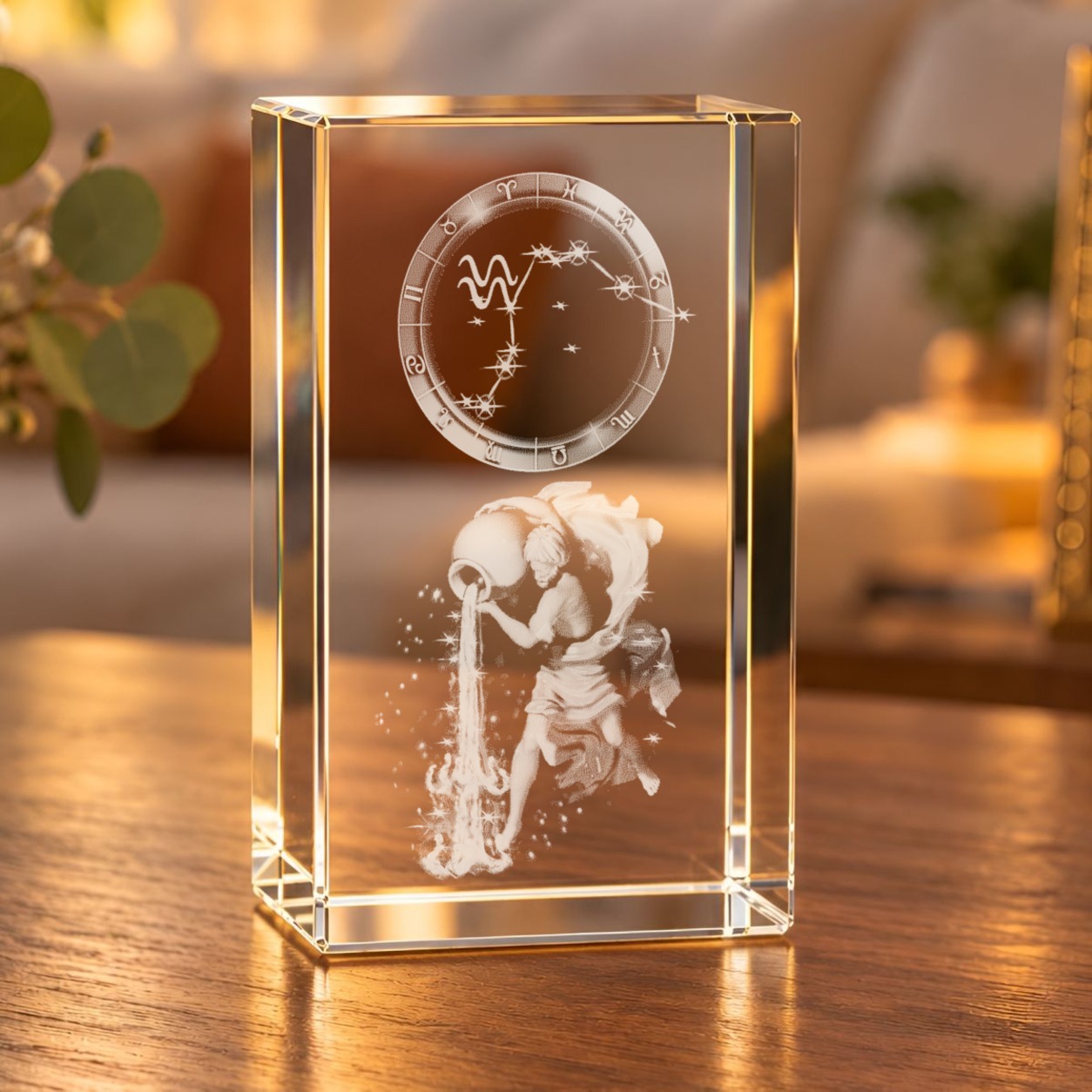Glaskristall Sternzeichen Wassermann mit 3D-Gravur von Wasserträger und Tierkreisring, beleuchtet auf einem Holztisch im Wohnraum